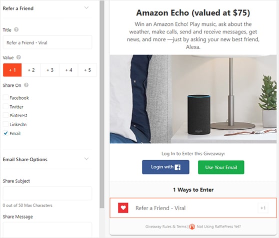 Select your giveaway entry options to create an online contest